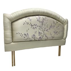 5' Kingsize headboard with stepped arch cresting, upholstered in cream silk with raised stitching decorated with trailing foliage branches and birds; matching bedspread (251cm x 218cm); two matching cushions  