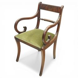 Late 20th century Regency style mahogany dining chairs, set of six comprising four single chairs and two open armchairs, bar backs with figured veneered top rails and turned spindle stretchers, overstuffed seats, on sabre supports