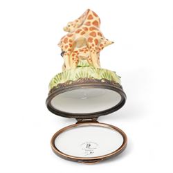 Staffordshire Enamels pomander, two Chelsea Bonbonnieres in the form of a Giraffe and rosebud, together with a Crummles Royal Mail enamel label holder (4)