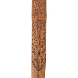 Treen carved a stay busk, dated 1756, the decorated with geometric boarded and foliate sprigs, with pierced top finished with three stars, H37cm