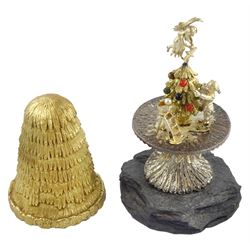 Christopher Nigel Lawrence limited edition silver and parcel gilt surprise mushroom, the textured domed cover opening to reveal two elves decorating a semi-precious gem set Christmas tree, upon a slate base, no 100/250, hallmarked Christopher Nigel Lawrence, London 1980, overall H9cm