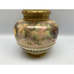 Mid 20th century Royal Worcester potpourri vase and cover decorated by Alan Telford, of ovoid form with inner cover and pierced gilt outer cover with bud finial, upon short gilt circular foot, the body part moulded with basket weave bands in gilt and bronze, and hand painted with a still life of fruit upon a mossy ground, signed Telford, with black printed mark beneath and painted shape number 1286, H25.5cm