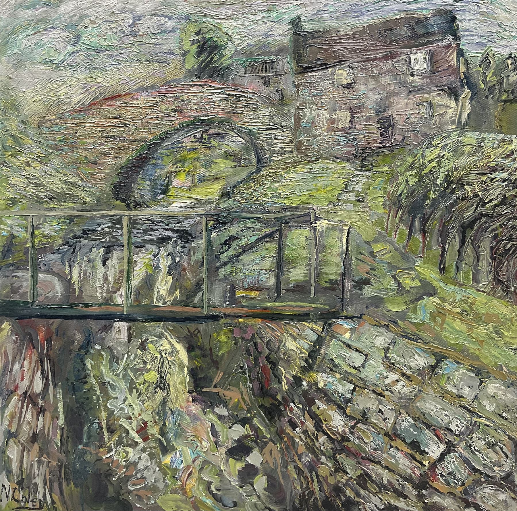 Nick Coley (British Contemporary): The Old Stone Bridge, acrylic on canvas signed 51cm x 51cm (unframed)
