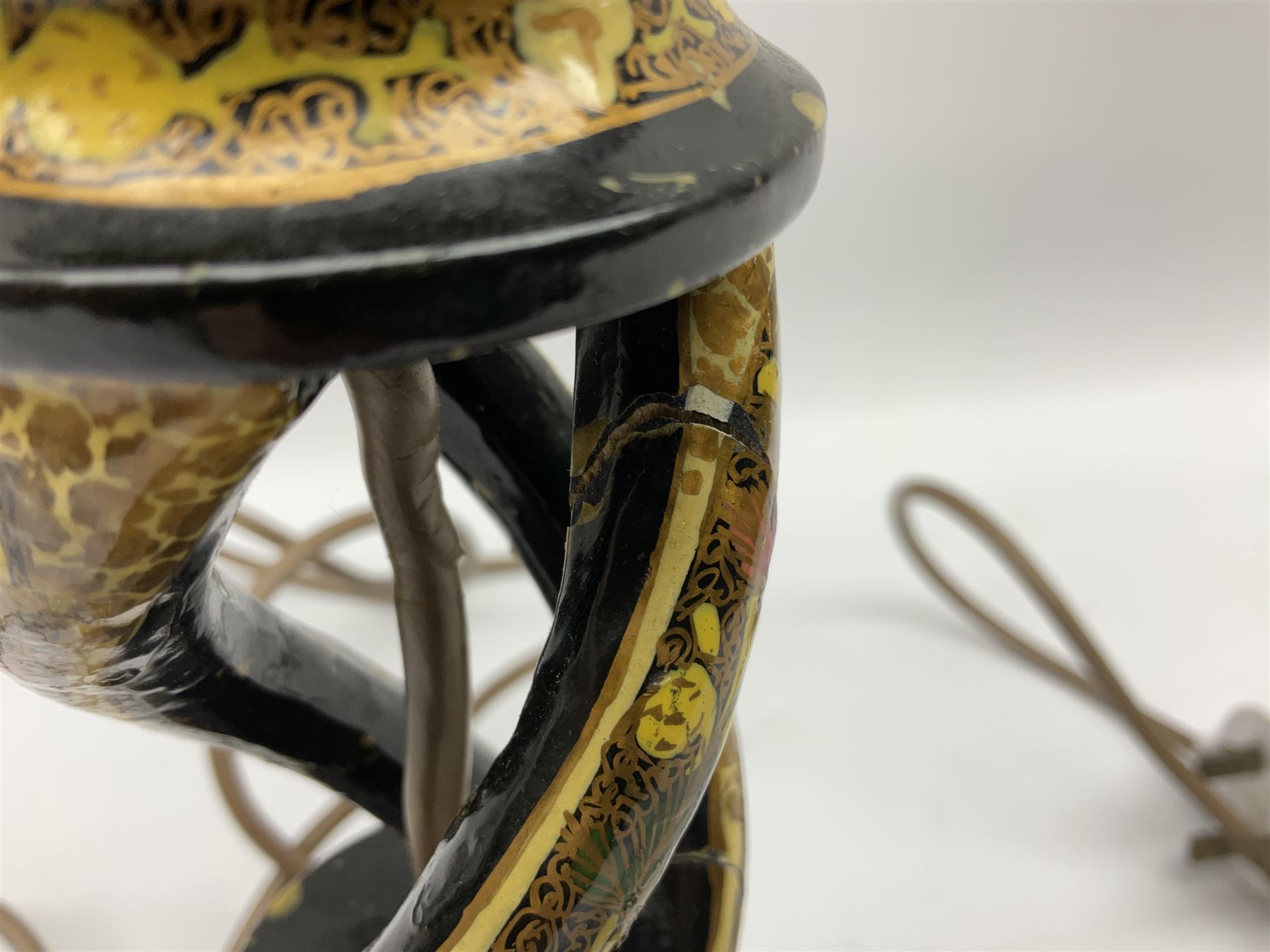  Kashmiri papier mache table lamp, open spiral twist column decorated with flowers, on a turned base,  H43cm