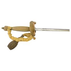 George V colonial service dress sword, the 79cm oval blade etched with a GR V cypher, having a gilt brass clam shell languet, beaded knuckle bow and grip with urn shaped pommel, in brass mounted leather sheath and with outer cover 