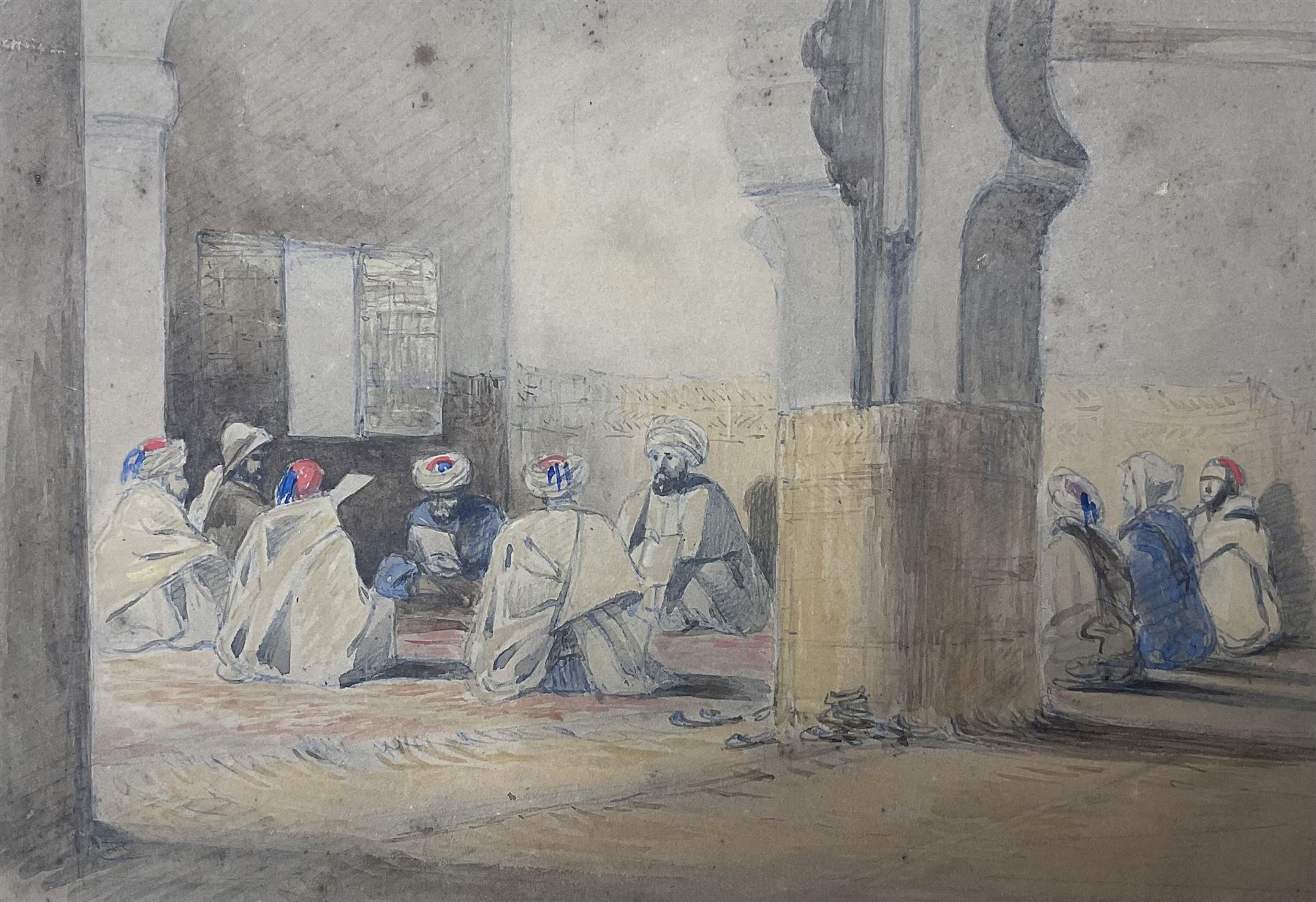 Eugene Delacroix (French 1798-1863): 'In an Algerian Mosque', watercolour signed with the artist's studio stamp 'E.D' lower left (L.838a), titled on the mount 17cm x 25cm
Provenance: Artist's studio mark (L.838a); his sale, Paris, Hôtel Drouot, 1860's 