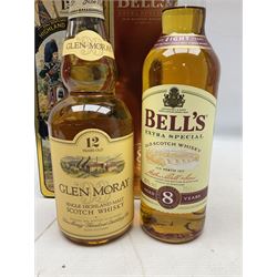 Glen Moray 12 Year Single Malt Highland Scotch Whisky, 70cl 40% vol, one bottle, in Highland Regiments The Black Watch presentation tin, Glenfiddich Pure Malt Scotch Whisky, Special Old Reserve, 70cl 40% vol, one bottle, in Clan Murray presentation tin, Bell's Extra Special Old Scotch Whisky, Aged 8 Years, 70cl 40% vol, one bottle, in box and Bell's Extra Special Old Scotch Whisky, 1l, 43% vol (4)