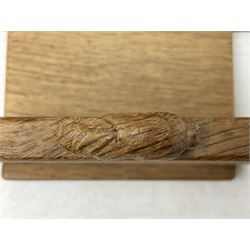 'Rabbitman' oak letter rack of two graduated square panels on a slab base, with carved with rabbit signature, by Peter Heap of Wetwang, H12cm