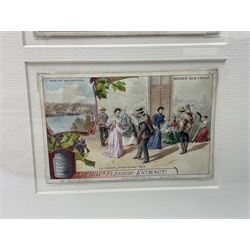Six original illustrations for Liebig cards, mounted within a gilt frame, frame 71cm, W27cm