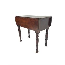 19th century walnut drop leaf side table, rectangular top with reeded edge, fitted with secret compartment with button action, leaf functions as hinged door enclosing cupboard, raised on turned supports