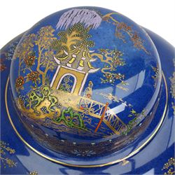 Large Carlton ware ginger jar and cover decorated in the New Mikado pattern on a blue ground H33cm, matching candlestick and a Masons Ironstone pink Vista pattern ginger jar and cover H23cm