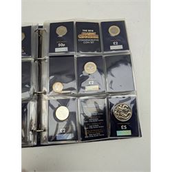 King Charles III United Kingdom 2023 fifty pence to five pound commemorative coins, Queen Elizabeth II commemorative coinage including United Kingdom fifty pence, two pound and five pound coins with 2017 'King Canute' five pounds, 2018 'The First World War Armistice 1918' two pounds,  2019 re-issue 'Kew Gardens' fifty pence etc,  Bailiwick of Guernsey 2017 'HM Queen Elizabeth II Sapphire Jubilee' five pounds, Isle of Man 2020 'Rupert Bear' fifty pence and other similar coinage, mostly on Change Checker cards, housed in a ring binder folder 
