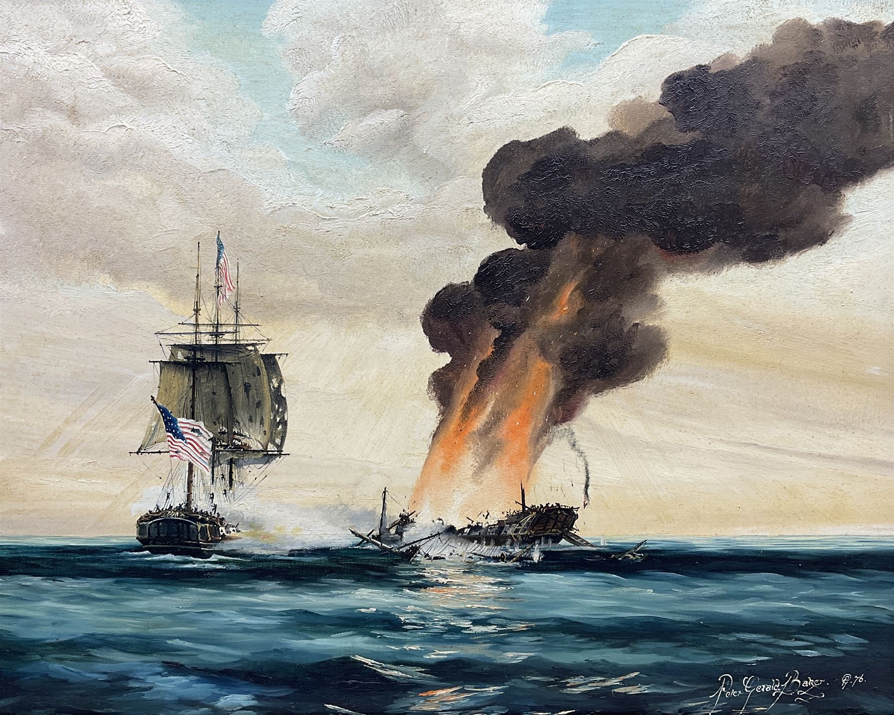 Peter Gerald Baker (British 20th century): American Naval Battle, oil on canvas signed and dated '76, 59cm x 74cm