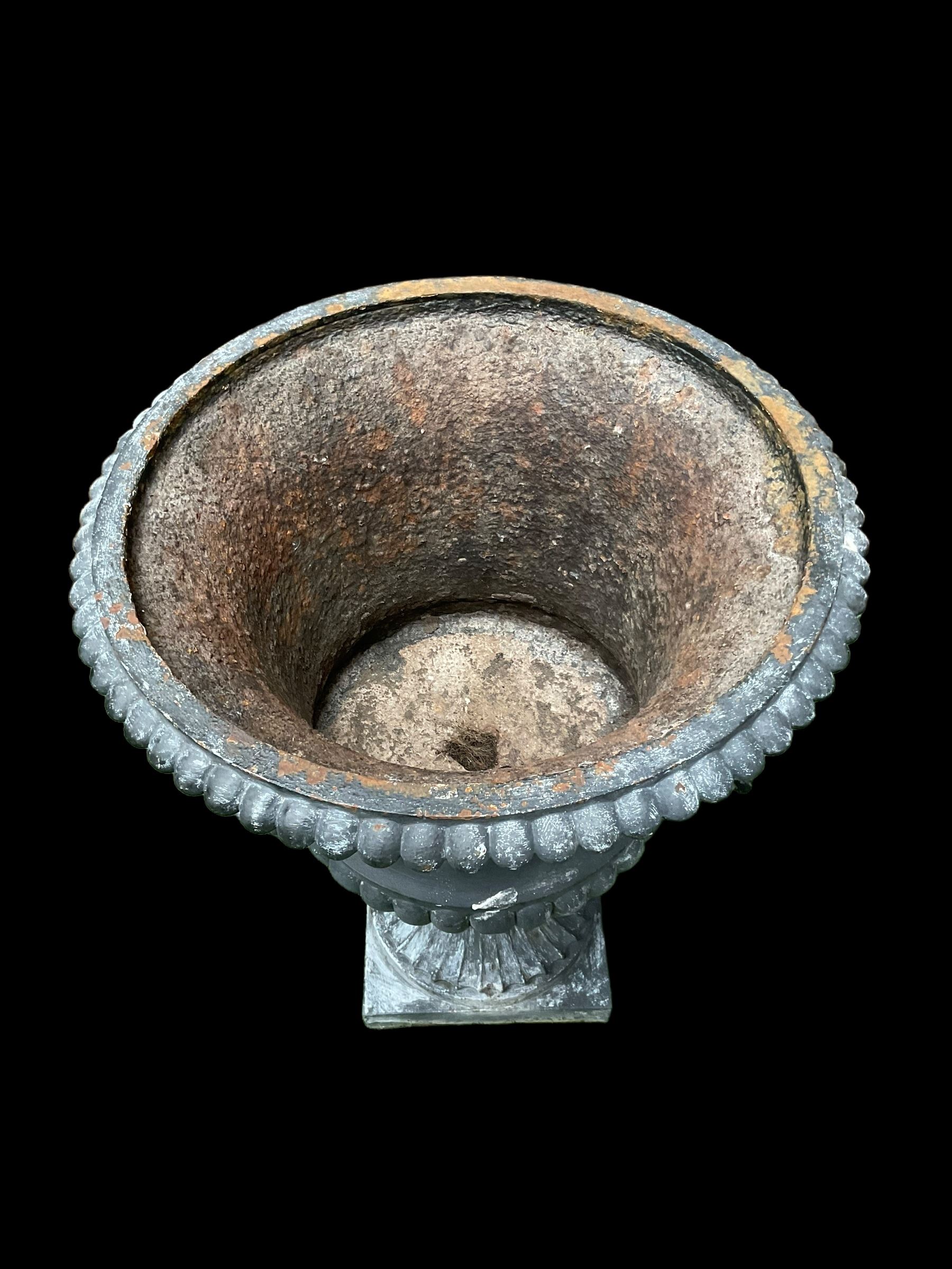 Pair of Victorian ornate cast iron garden urns, painted in grey finish - THIS LOT IS TO BE COLLECTED BY APPOINTMENT FROM DUGGLEBY STORAGE, GREAT HILL, EASTFIELD, SCARBOROUGH, YO11 3TX