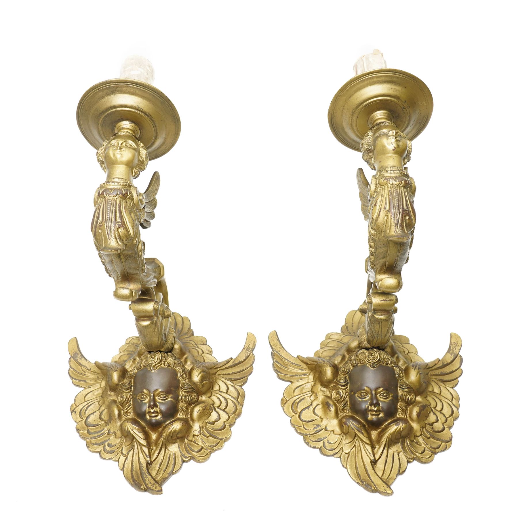 Pair of rococo style continental gilt bronze figural wall lights, modelled with winged putti figures, projection 37cm