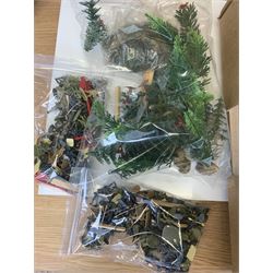 Various makers military vehicles - boxed Corgi Tiger Mk.1 tank No.900; six other by Corgi; four by Dinky; and over twenty others predominantly by Matchbox/Lesney, all unboxed; together with a quantity of plastic soldiers by Lesney etc; and some battlefield layout accessories