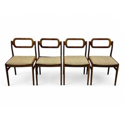 Johannes Andersen for Uldum Mobelfabrik - set of eight Danish teak dining chairs, each with open back rests with curved edges, upholstered seats in a neutral woven fabric, raised on tapered supports
