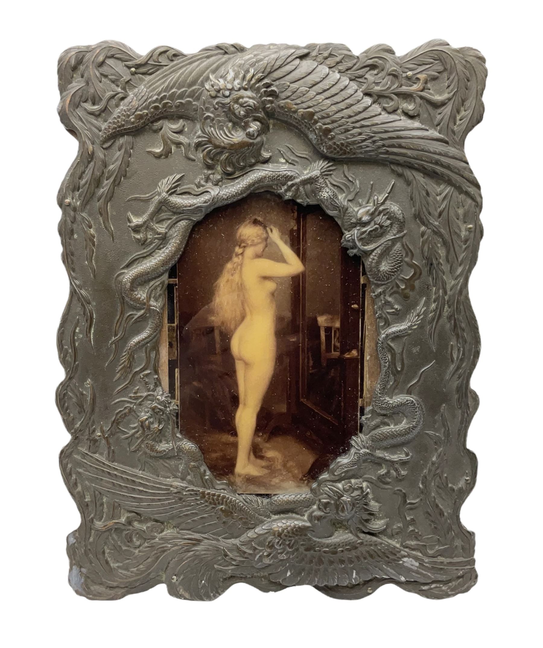 Japanese bronzed antimony frame, decorated with dragons and ho ho birds, easel stand to reverse, containing Continental crystoleum of female nude, H24cm