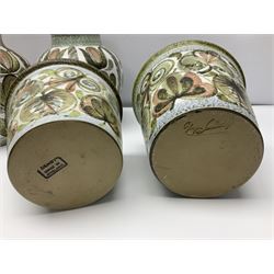 Pair of Denby Glyn Colledge stoneware vases of baluster form with floral decoration over cream ground, together two jardiniere in a similar design, vases H24cm