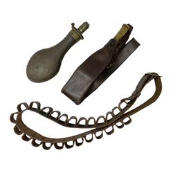 Victorian leather and brass shoulder shot flask inscribed Dixon & Sons patent; G. & J.W. Hawksley plain steel and brass powder flask; and leather cartridge belt (3)