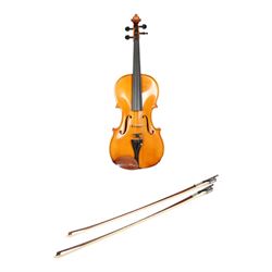 Late 20th century German full size viola, labelled to interior 'Walter Muller Bad Brambach 1976 made in GDR' with two-piece back, ebonised finger board, tuning pegs and tail piece, with a carved scroll and two bows, in hard fitted case, back length 16 inches