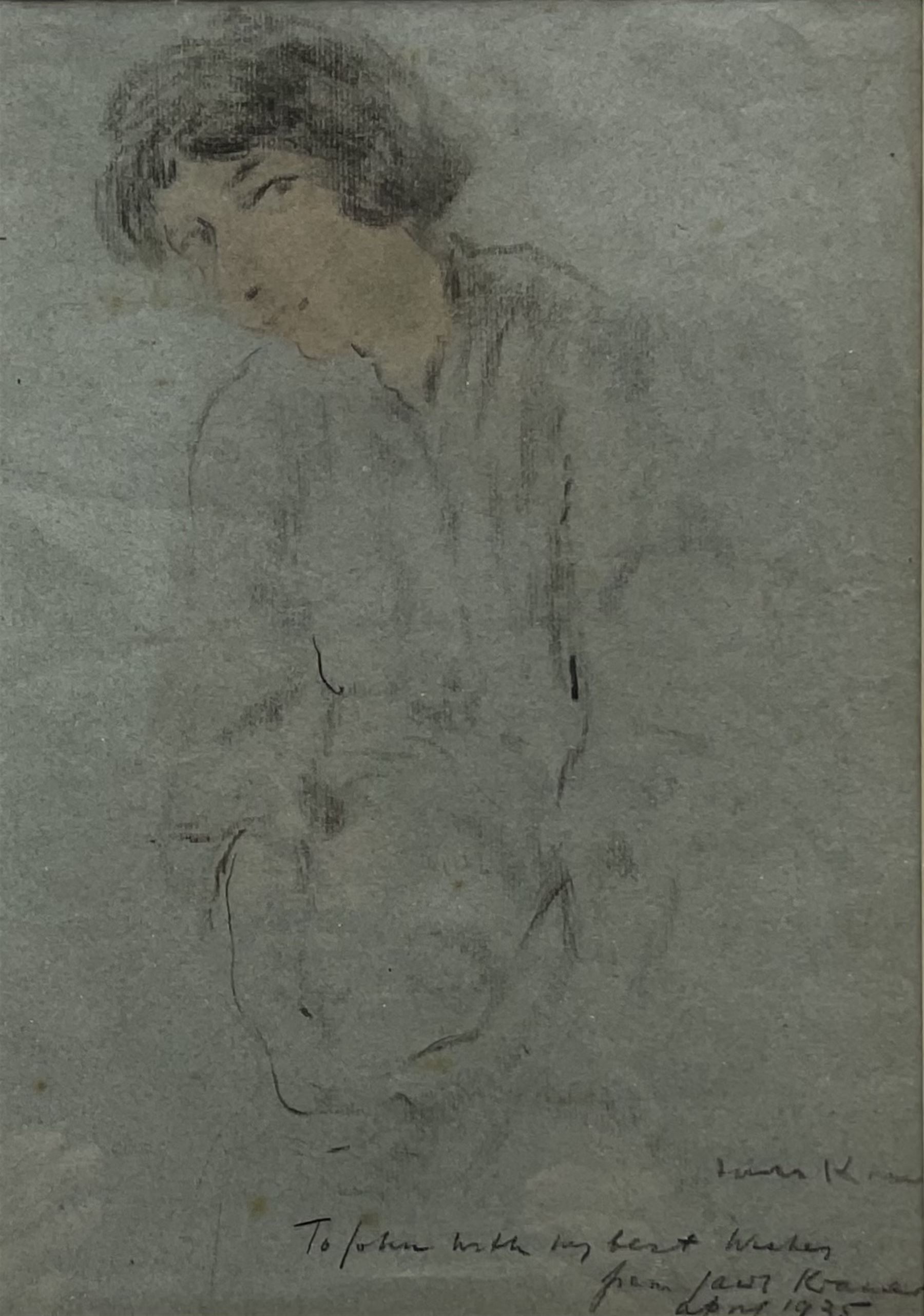 Jacob Kramer (Ukrainian/British 1892-1962): Figure of a Girl, charcoal and pastel signed and inscribed and dated 'To John with my best wishes from Jacob Kramer, April 1935', 30cm x 21cm