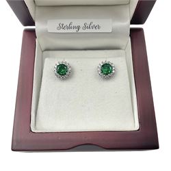 Pair of silver green stone and cubic zirconia cluster stud earrings, stamped 925, boxed 