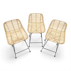 Next - set of three 'Pacific' bar stools, caned back and seat, raised on black tubular supports
