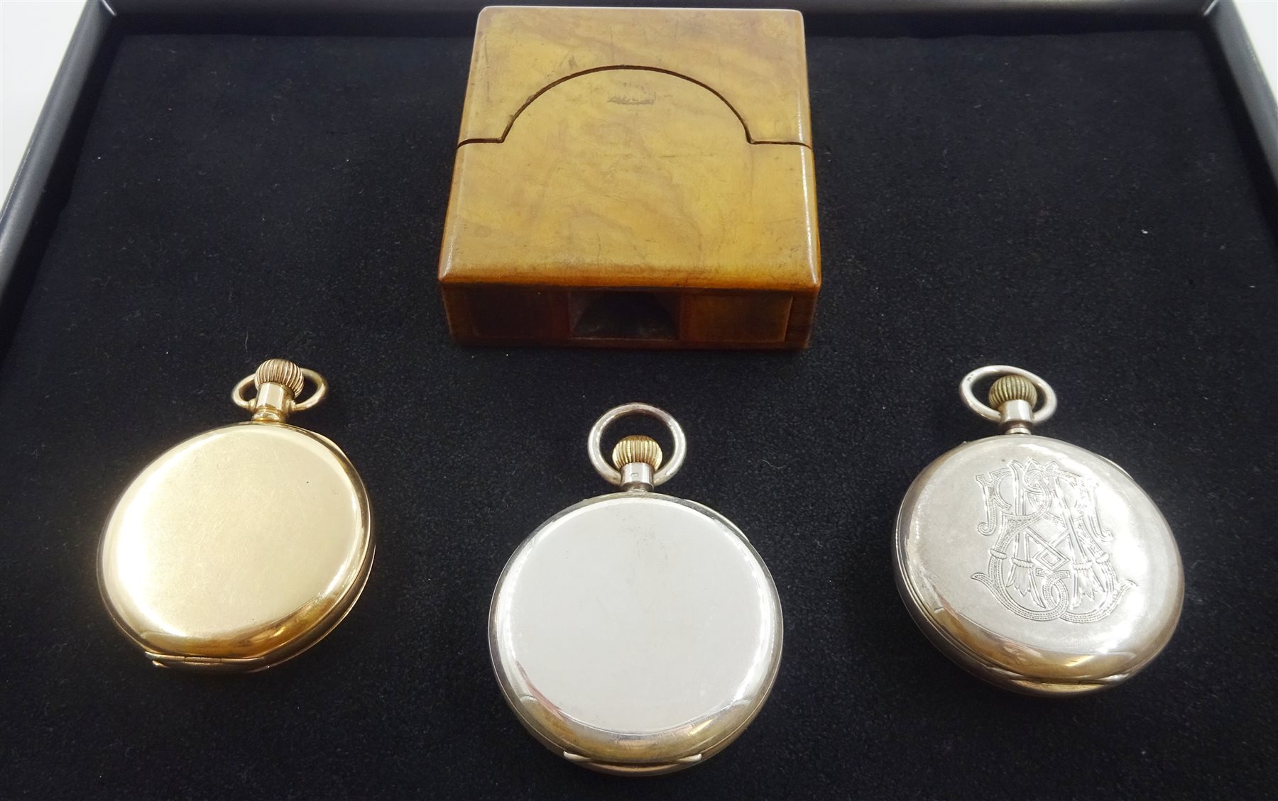 Victorian silver pocket watch top wind by Samuel Sharpe, Birmingham 1900, in yew and fruit wood case, similar silver pocket watch by the same hand hallmarked and a Waltham gold-plated half hunter pocket watch (3)