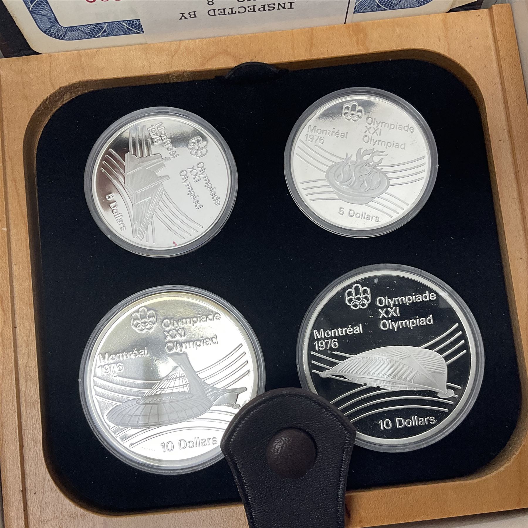 Six Queen Elizabeth II The Royal Canadian Mint silver proof four coin sets, to commemorate the 1976 Montreal Olympic Games, each set containing two five dollar coins and two ten dollar coin with Queen's head obverse and designs to the reverse relating to the Olympic Games, all in the original display cases and outer card boxes with certificates
