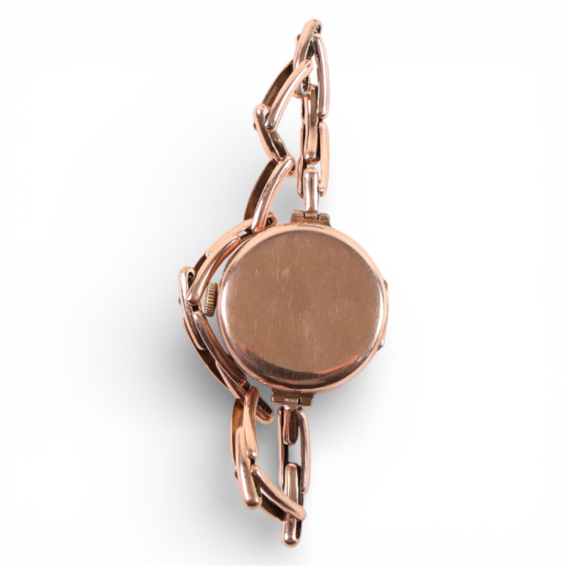 Early 20th century 9ct rose gold manual wind wristwatch, on expanding 9ct rose gold bracelet