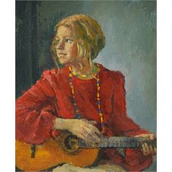 Pat Maclaurin (British 1933-2022): 'Claire Playing', oil on board signed 29cm x 24cm