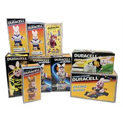 Collection of battery operated Duracell Bunny advertising figures, comprising two limited edition France 98 World Cup football bunnies, racing bunny, football bunny, two globetrotter bunny, fireman bunny and Christmas bunny, all boxed
