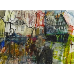 Timothy (Tim) Morrison (British 1952-): Coppergate York, mixed media on paper signed with initials 56cm x 78cm
Provenance: with the Reubens Gallery Leeds; Morrison, a graduate of Edinburgh University and the Royal College of Art, has expressed a pre-occupation with ‘the stage-like theatrical space of the city'. His paintings capture and evoke an idea of the ‘city’ with its strange juxtapositions of frantic activity and rushing crowds and historic, sleepy repose 

