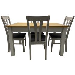 Oak and painted extending dining table, rectangular oak pull-out action top with folding butterfly leaf, on grey painted base; together with a set of four grey painted dining chairs with upholstered seats