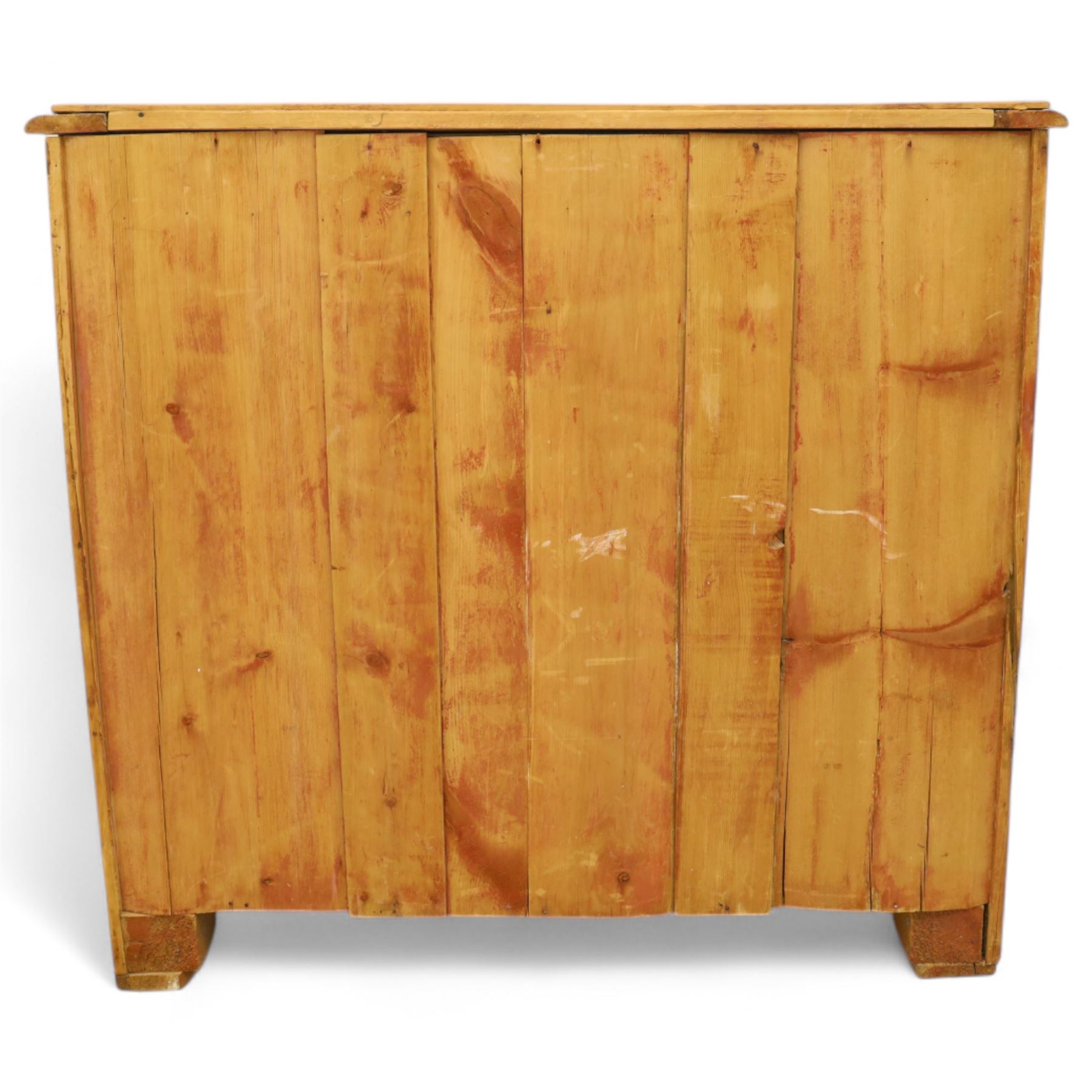 Victorian stripped pine chest, fitted with two short and three long drawers, turned wooden handles, shaped lower apron on bracket feet