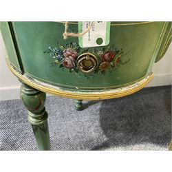 Edwardian Adam Revival green-painted and parcel gilt kidney-shaped dressing table, raised triple mirror back with shaped cresting, leather inset top within a trailing floral painted band and foliate carved edge, fitted with five drawers decorated with urn and floral bouquets, on turned supports painted with acanthus leaves and draped festoons; together with matching stool with cane seat 