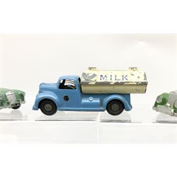 Chad Valley Wee-Kin - six unboxed and playworn clockwork models comprising Milk Tanker; Hillman Minx and another saloon car; Commer Avenger Coach; and two double deck buses; together with Tri-ang Spot-On Armstrong Siddeley Sapphire and BMW Isetta bubble car (8)
