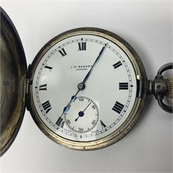 Early 20th century J.W Benson silver half hunter commemorative pocket watch, commemorating the coronation of King George VI, engraved verso with crowned GR VI cipher dated 1937, with white enamel Roman numeral dial and Arabic numeral subsidiary seconds dial, the silver case with blue enamel Roman numeral chapter ring surrounding glazed cover, hallmarked