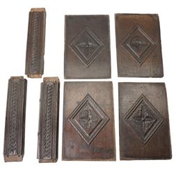 Set of four 17th century carved panels with lozenge decoration, and three further carved p...