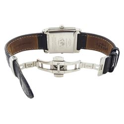 Rotary Revelation reversible night and day gentleman's stainless steel quartz wristwatch, silvered dial with Roman numerals, reversing to a second black dial with baton hour markers, both with subsidiary seconds dials, on original black leather strap, with fold-over clasp, boxed with guarantee dated 2008