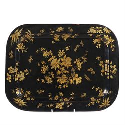 19th Century gilded toleware rectangular tray, decorated with floral sprig and insects, L41cm