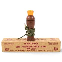 Three Herter's World Famous bird calls, comprising Pheasant Flusher, Self Blowing Duck Call and Numara Goose call, all boxed