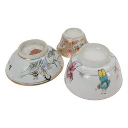18th century and later Chinese tea bowls, including polychrome example decorated with a deer amongst flowering foliage, another with internal decoration of a figure, the exterior with panels of flowers amongst a gilt ground etc  