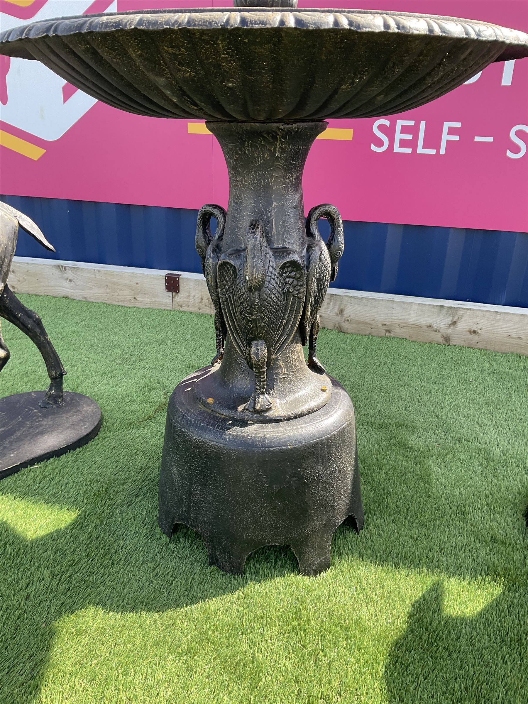 Victorian design large heavy cast iron garden centre-piece fountain, three graduating tiers, on swan base
