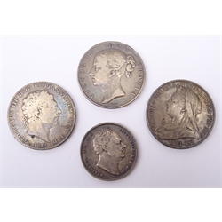  George III 1819 crown, William IV 1836 halfcrown and Queen Victoria 1844 and 1900 crowns   