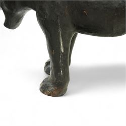 Early 20th century leather-covered decorative model of a Panther in a naturalistic stance, prowling forward with arched back, lowered head, and extended tail, open jaws revealing teeth and fangs with nylon whiskers