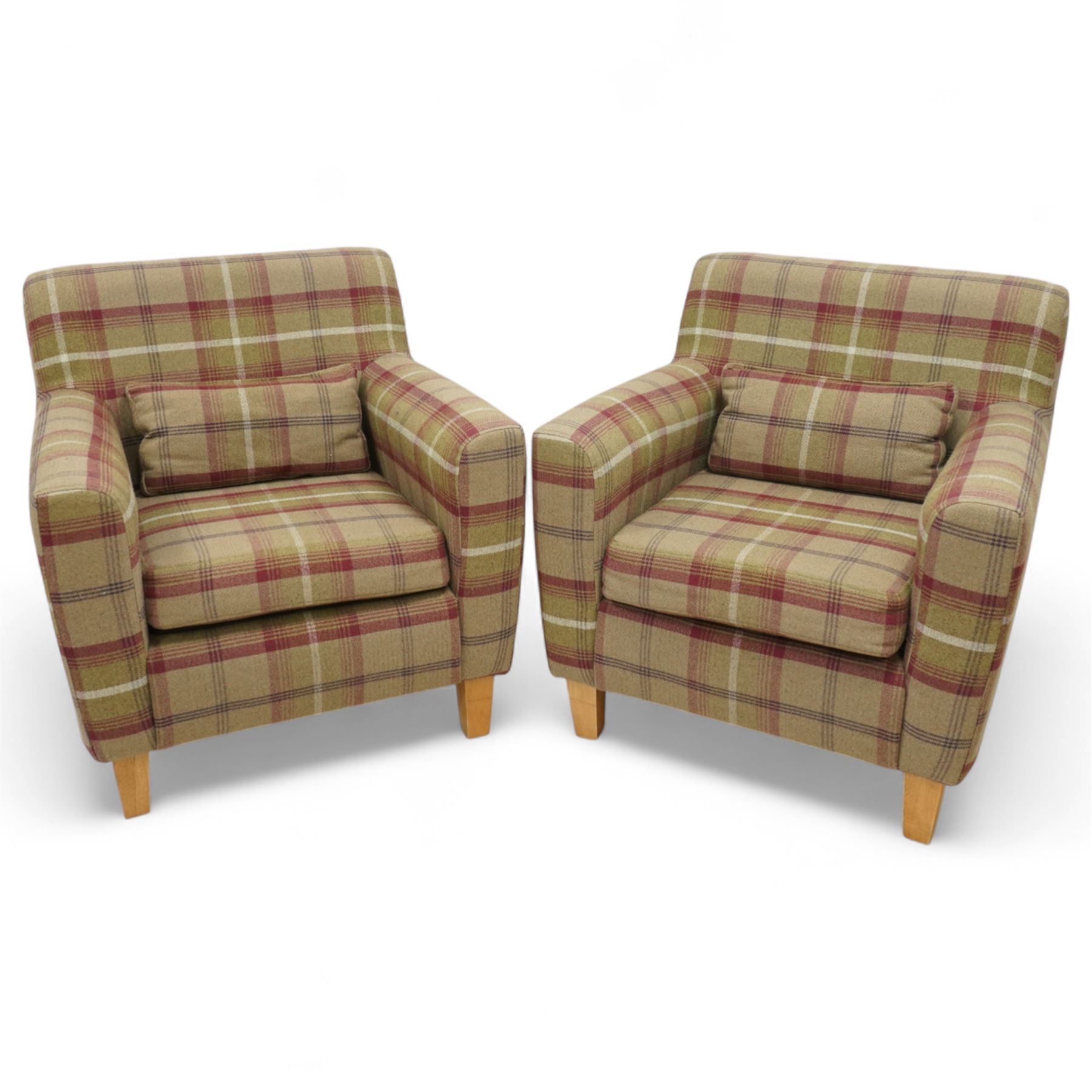 Contemporary pair of upholstered armchairs, in red and green chequered fabric with loose seat and back cushions, box arms and light stained square legs