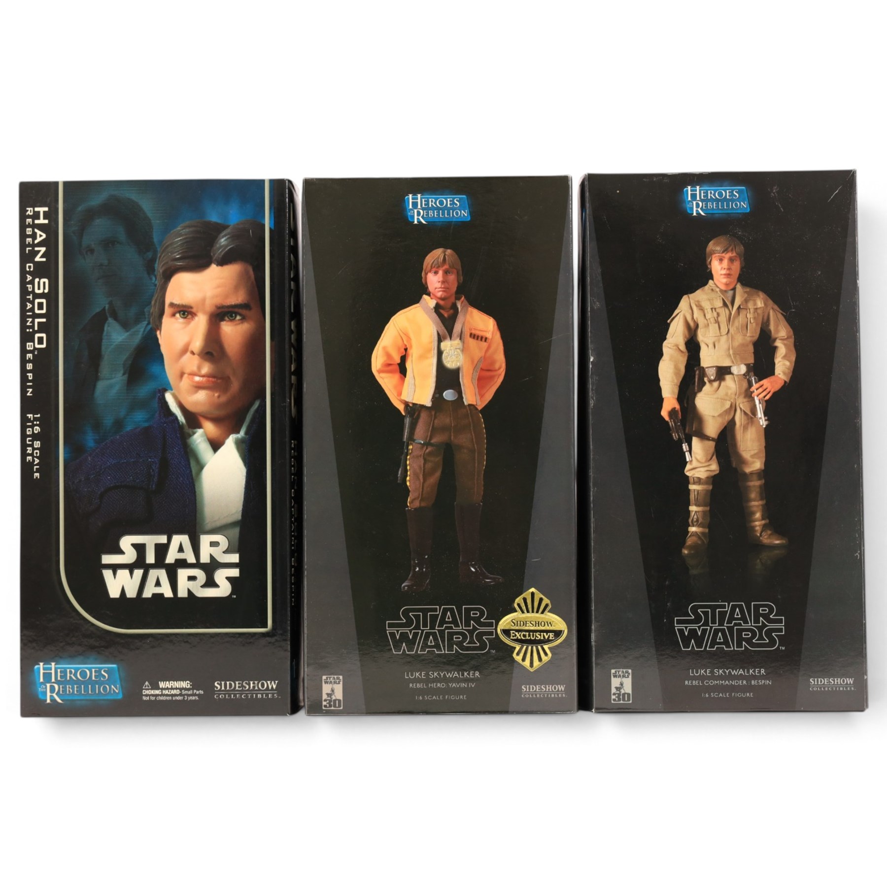 Three Sideshow Collectibles Star Wars Heroes of the Rebellion 1:6 scale figures, comprising Han Solo Rebel Captain Bespin, Luke Skywalker Rebel Commander Bespin and Luke Skywalker Rebel Hero Yavin IV, all boxed