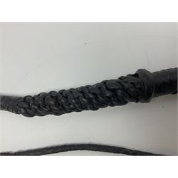 Near pair of short swords each with slightly curving 41cm fullered steel blade and all brass H-shaped hilt L52cm overall; plaited black leather whip; and reproduction pair of brass hilted swords, brass halberd blade and mace (7)